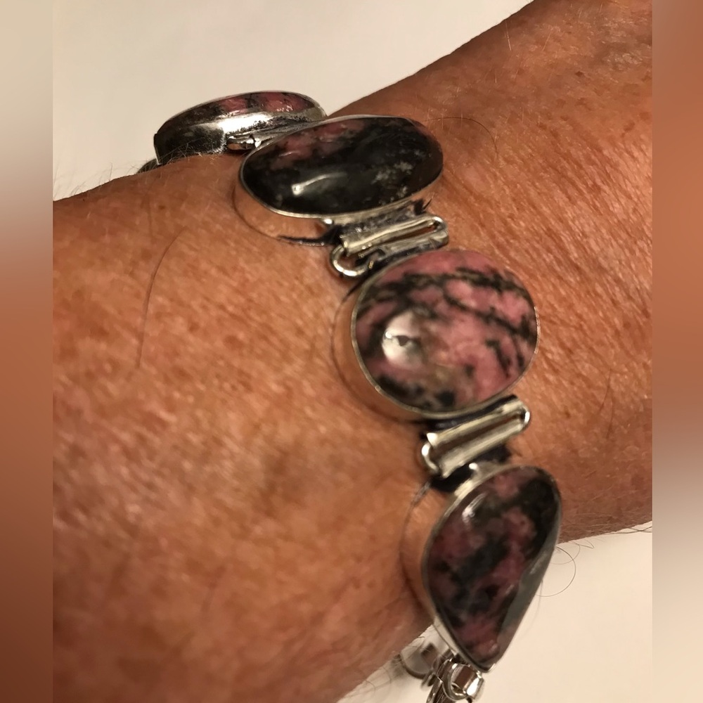 Rhodochrosite Stamped 925 Sterling Silver Bracelet